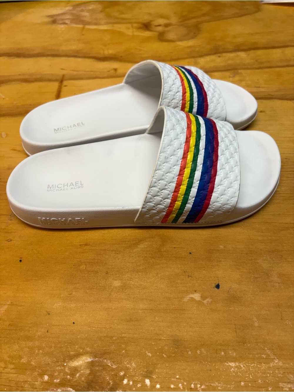 Michael Kors women’s' White Slides with Rainbow Stripes